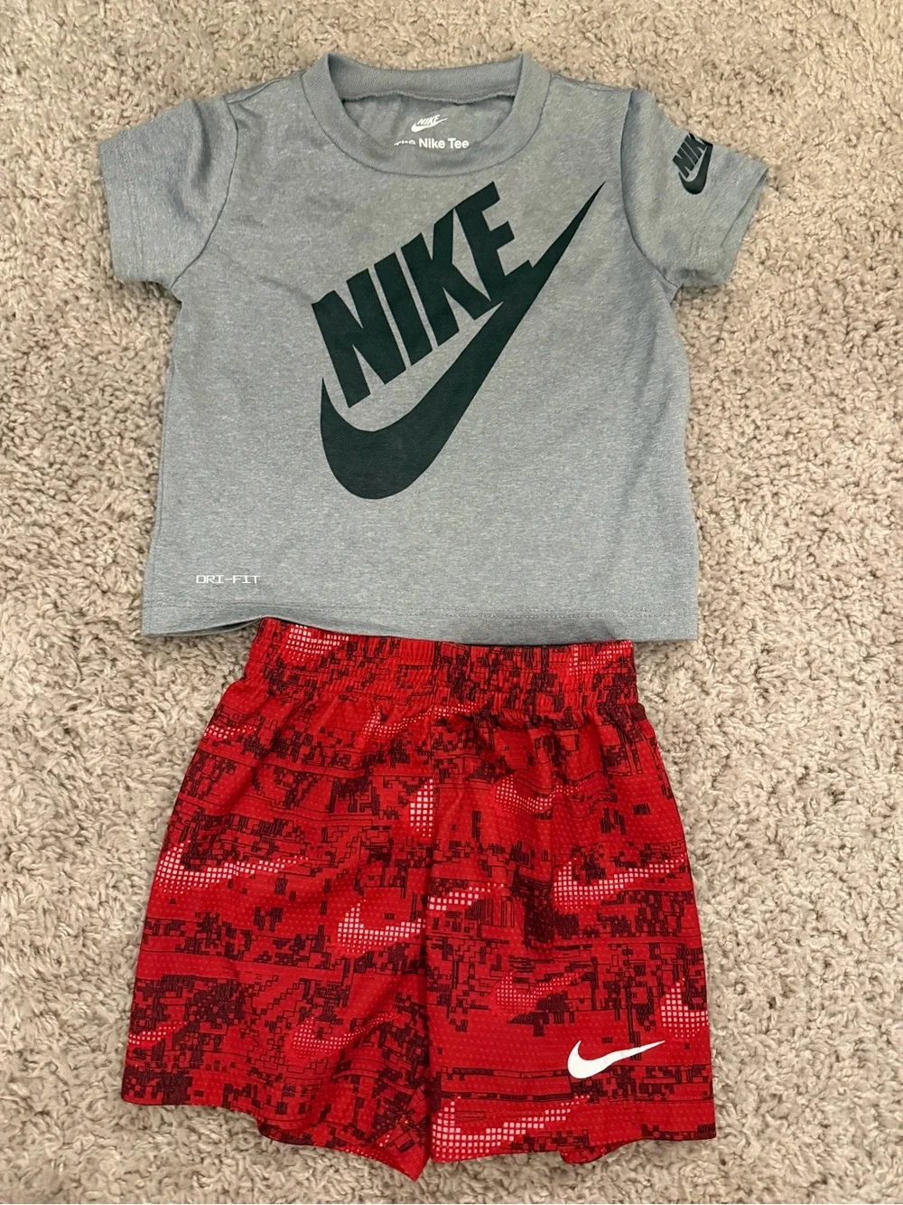 Nike Gray Tee with Black Logo and Red Patterned Shorts
